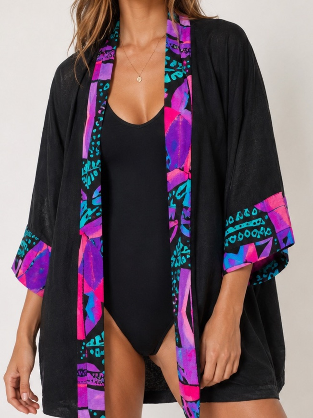 Vintage 90s Carol Wior Resort Wear Kimono Jacket Black Cotton Neon Abstract Trim